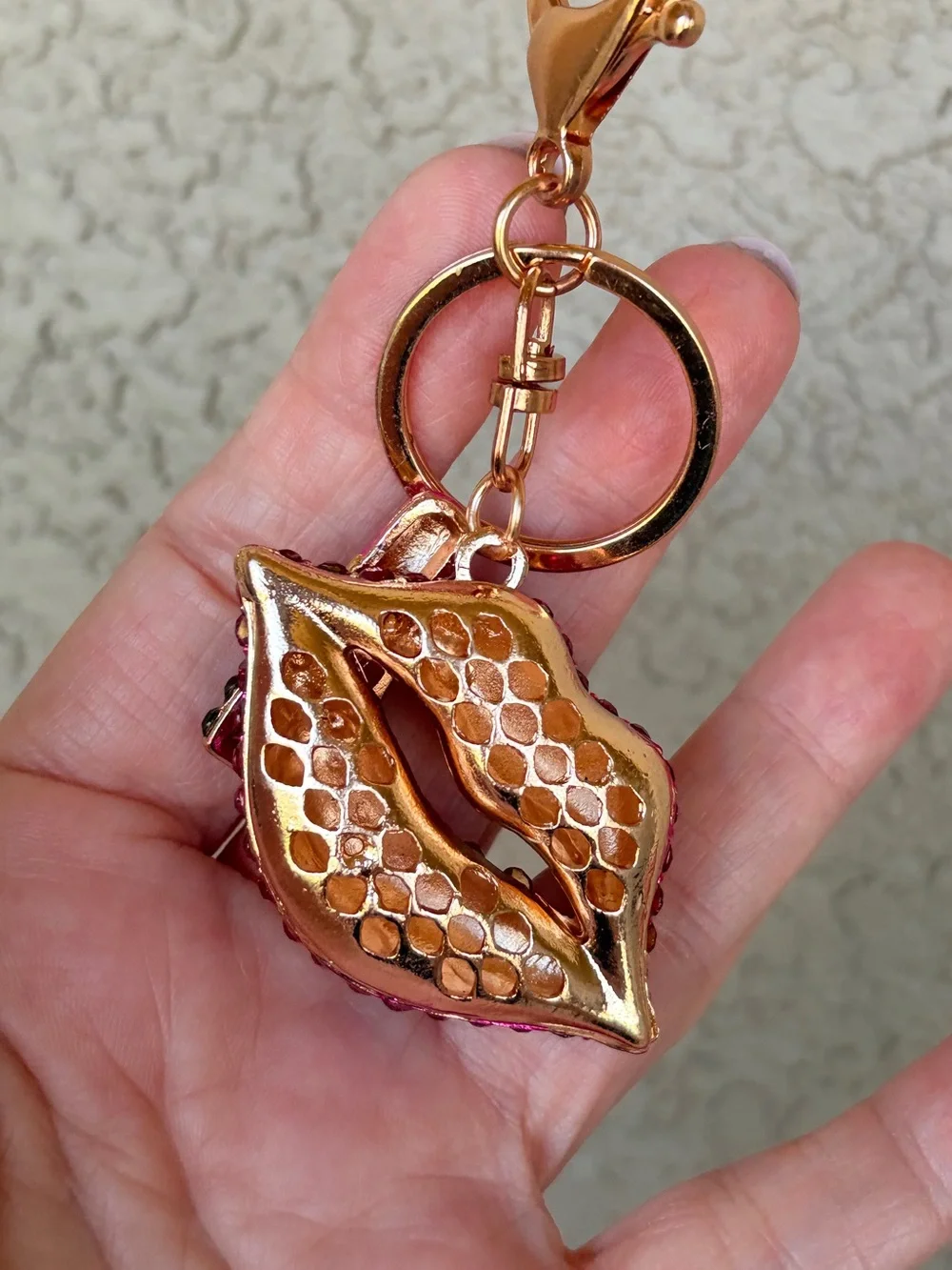 Glam Gold-Tone Hot Pink Crystal Lip & Lipstick Keychain